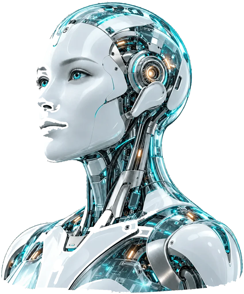 Humanoid AI-fej fehér és türkiz elemekkel, átlátszó háttéren